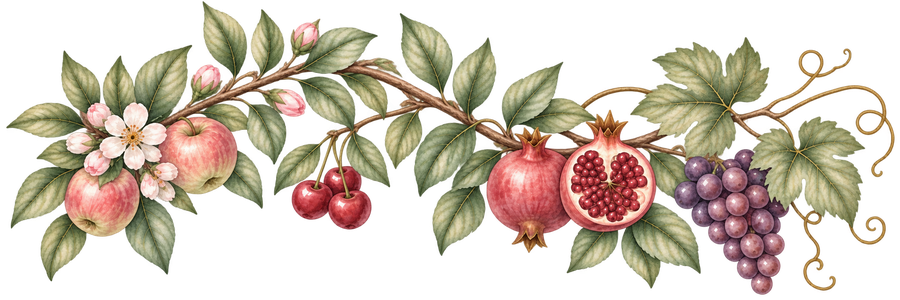 A branch of apples, cherries, pomegranates and grapes