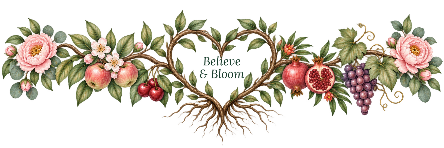 A heart of vines with peonies, apples, pomegranates and grapes, with the words Believe and Bloom inside