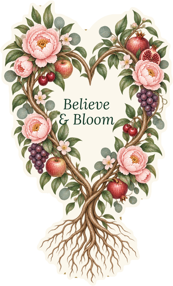 A heart shaped from two rooted vines with peonies and fruit, with the words Believe and Bloom inside